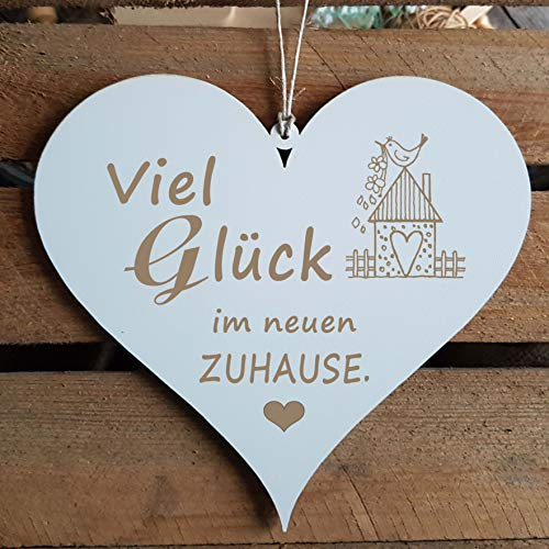 DEKOLANDO HerzschildViel Glück im neuen Zuhause mit Motiv Vogelhaus – Dekoschild – Geschenk Umzug Einzug