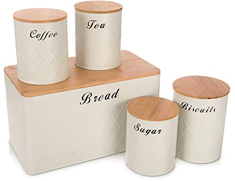 LIVIVO 5pc Kitchen Storage Set - Tea Coffee Sugar Biscuits & Bread Bin Jars Canisters (White)