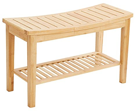 Bambus Hocker Badhocker 2 Etagen Duschhocker Wohnhocker Rutschfester Sitzhocker Sitzbank Bad Holzhocker mit Ablage Badezimmermöbel 75.5 x 30 x 46.5 cm