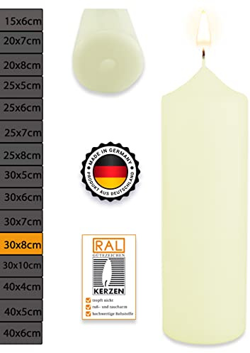 WikaKerzen Stumpenkerze-Rohling Blanko [ideal zum Basteln und Verzieren mit Wachs] zur Taufe Geburtstag Hochzeit Kommunion Altarkerze Kaminkerze Laternenkerze Dekokerze (Elfenbein, 30 x 8 cm)