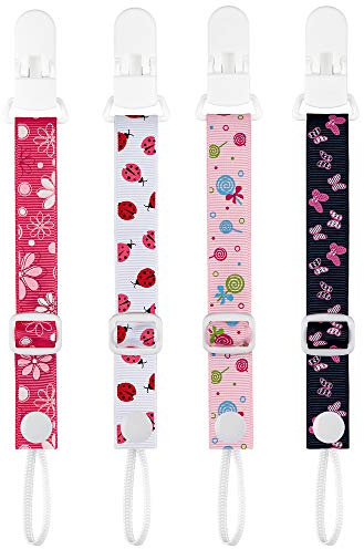 PREMYO 4 Pack Baby Schnullerkette Mädchen - Schnullerband mit Clip Verstellbare Länge - Universal Ohne Namen Rosa
