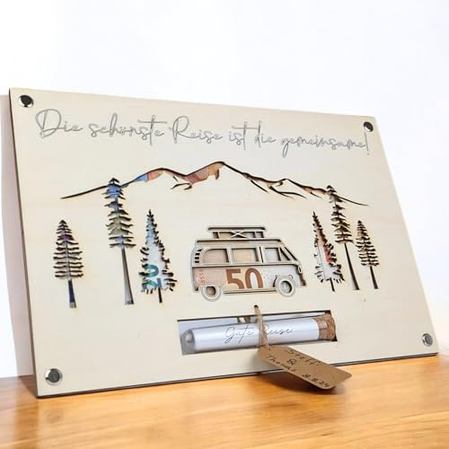 Geldgeschenk Hochzeit Camper aus Holz | Einzigartiges Hochzeitsgeschenk für Brautpaar | Paargeschenk | Hochzeits-Geldgeschenk | Flitterwochen-Geschenk | Personalisierbar im Reagenzglas