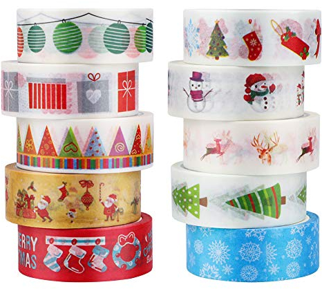 Set di nastri natalizi Washi,10 set di nastri per mascheratura natalizi decorativi,confezioni regalo fai-da-te,artigianato per scrapbooking,15mm larghezza 5m lunghezza ciascuno
