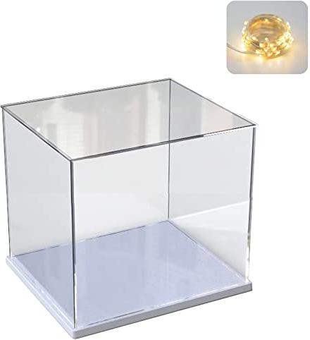 Acryl Vitrine Schaukasten für Lego 10281 43249 75403 75381, Glasvitrine Acrylbox Transparent Würfel für Figuren Sammlerstücke Spielzeug | mit Holz-Kunststoff-Basis & Licht, Weiß Innen 25x25x25cm
