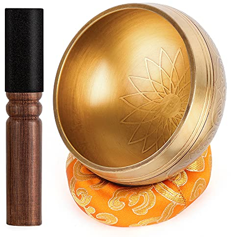 Relaehih Tibetische Klangschalen Set, handgehämmert in Nepal Klangschale für Meditation, Yoga, Chakra, Meditationszubehör, einzigartige Geschenke für Frauen, Männer (Gelb, 10,2 cm)