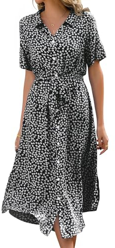 Livonmone Sommerkleid Damen Kurzarm Casual V-Ausschnitt Blumendruck Kleider Strandkleider Sexy Schlitz Midikleid Cocktailkleid Partykleid mit Gürtel (Schwarz, XL)