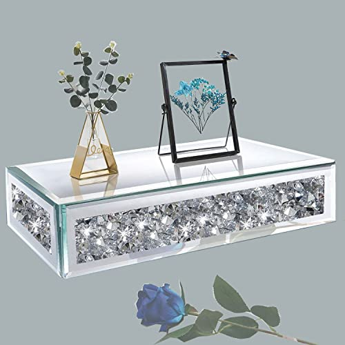 TACIDON Wandregal, schwebend, verspiegelt, glamouröses Crushed Diamond Kristalle, Wandregal, Glas-Display mit Trophäe und Fotorahmen, geeignet für Wohnzimmer, Schlafzimmer, 38.1x15.2x7.6 cm