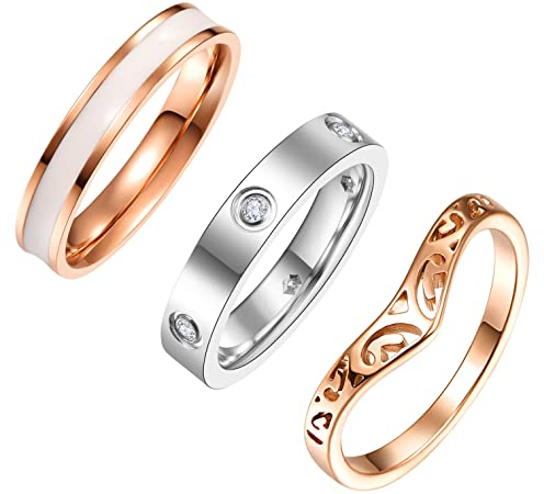 TUNGSTORY Anelli di Fidanzamento da Uomo in Acciaio al Titanio da Donna 3 Pezzi in Oro Rosa Scavato con Nodo Celtico Anello con Colla Bianca Anelli con Diamanti in Argento Taglia 17.5