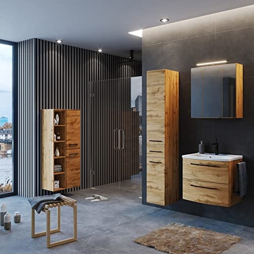 Lomadox Badezimmer Möbel Set Industrial Style 60 cm Waschtisch und Hochschrank in Wotan Eiche Nb. inkl. Waschbecken und Spiegelschrank, B/H/T: ca. 205/200/45 cm