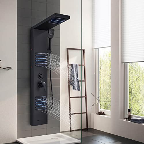 Colonna Doccia Idromassaggio Nero TVTIUO LED Pannello Doccia Set in 304 Acciaio,Sistema Doccia 4 funzioni doccia, soffione, idromassaggio, doccia a cascata, doccetta