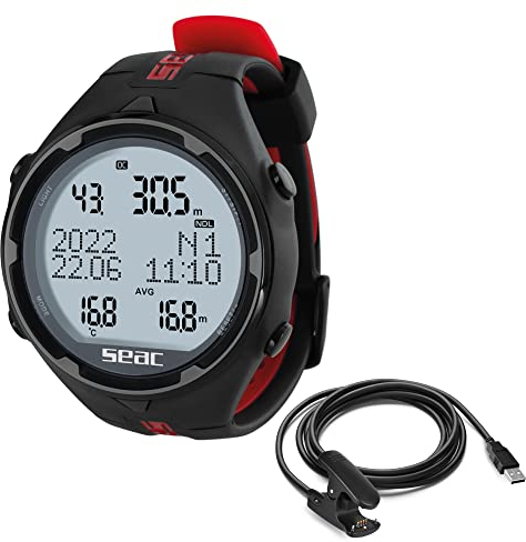 Seac Action, Tauchcomputer für Gerätetauchen und Freediving, Logbuch, Dive Planner, Safety Alarme, schwarz/rot HR +USB