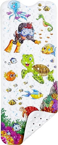 LATERN Alfombra de Bañera para Niños, 100CM x 40CM Alfombrilla de Bañera Extralarga Alfombra de Ducha Antideslizante con Ventosas y Orificios de Drenaje para Piso Mojado de Baño (Explorador)