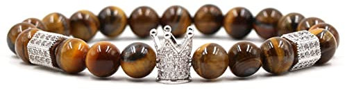 Whoiy Herrenarmbänder, Zartes Armband Damen Tigerauge Braun 8mm Türkisfarbenes Kronen Stretch Armband Geburtstagsgeschenk Perlenarmband für Sie 19cm