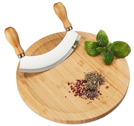 Relaxdays Hachoir Berceuse avec Planche, Bambou & Acier Inoxydable, Couteau à Herbes, Plateau de 25 cm, Nature - argenté