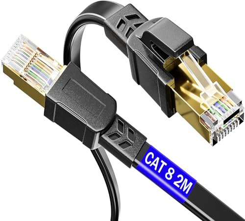 Cable Ethernet 2m Cat 8, Cable Internet Gigabit 40Gbps 2000Mhz, Cable Ethernet 2 metros, Cable de Red Negro, Alta Velocidad Cable LAN Blindado, SFTP Cable Lan para Enrutador Módem
