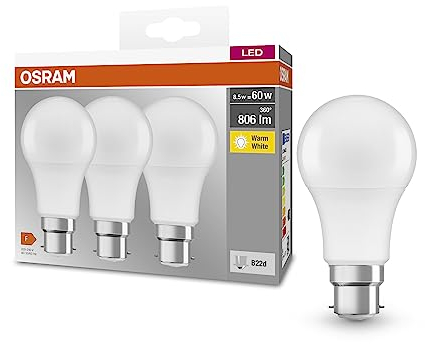 OSRAM BASE CLASSIC A 60 FR LED-Lampe mit Sockel B22d, Kolbenform, 3er Pack, 8,5W, 806lm, 2700K, warmweißes Licht, geringere Wärmeentwicklung, sehr geringer Energieverbrauch, lange Lebensdauer