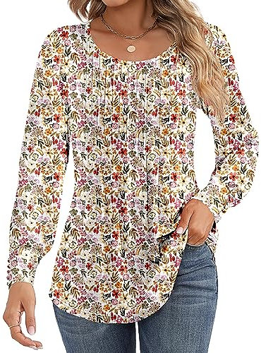 Ficerd Women's Puff Long Sleeve Tunic Tops Pleated Crew Neck Blouses Dressy Casual Loose Fit Winter and Spring Shirts(XX-Large,Floral White Red)
