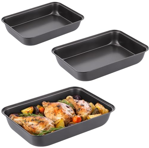 3 PCS Non-Stick Oven Baking Trays, Carbon Steel Roasting Trays, 3-Sized Deep Baking Pan Set, Stackable Home Kitchen Baking Pans, Non- Stick Bakeware Set for Meat, Bread, Cookies