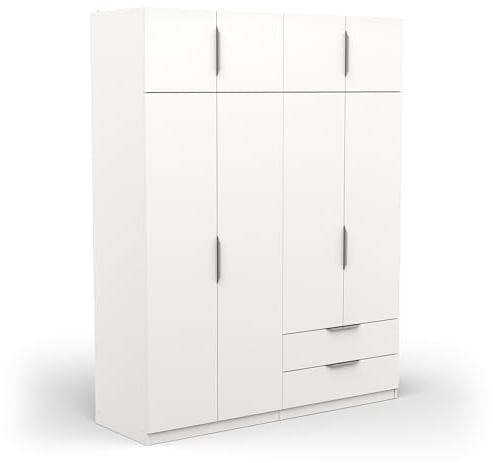 Demeyere Armoire Dressing avec Penderie Moderne 8 Portes 5 Etagères 2 Tiroirs – Coloris Blanc Mat - 157,3 x 51,1 x 203 cm