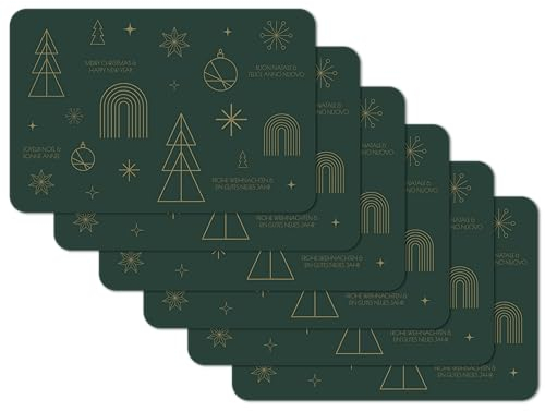 Venilia Tischset Happy Holidays - Moosgrün Christmas Weihnachten - 6er Set, 45 cm x 30 cm - Platzsets abwaschbar, Tischschutz - Platzdeckchen - schmutz- und wasserabweisend, lebensmittelecht