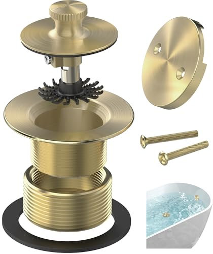 Sogmeter Siphon de baignoire doré brossé, attrape-cheveux et façade de trop-plein à 2 trous, 11,5/16 UNC (soulever et tourner)