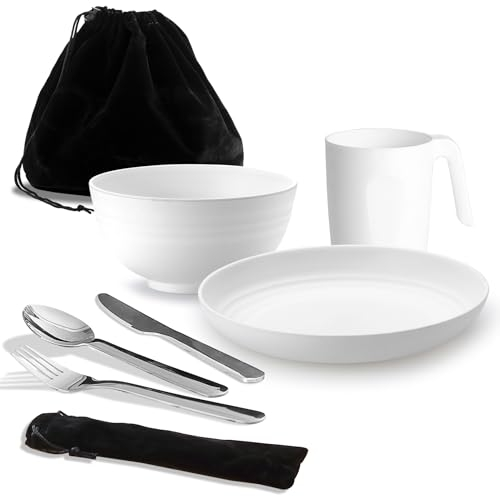 Ustensiles de Camping, kit de Mess de Camping ReaNea pour Voyage, Pique-, extérieur Comprend Un Couteau, Une cuillère, Une Fourchette, Un Ensemble de Couverts, Une Tasse, Un Bol, Une Assiette