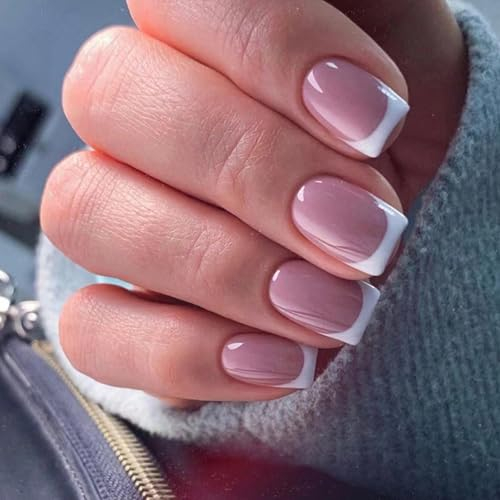 24pcs French False Nails Press on Nails White Tip Stick on Nail, Pink Square French Fake Nail Short Glossy Acrylic Full Cover Stick on Nails for Women Girls Nail Art Accessories