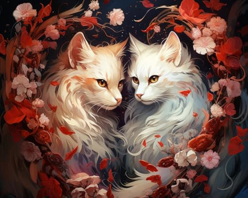 TISHIRON Zwei Katzen Paar Malen nach Zahlen für Erwachsene und Kinder, Fantasiestil Tiere in Liebe, Ölgemälde Malen nach Zahlen Set, Acrylmalerei 40x50 cm (ohne Rahmen)