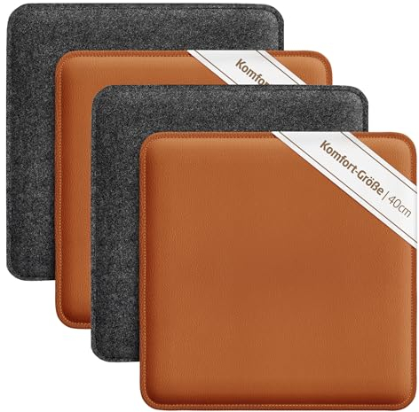 Miqio Design Sitzkissen | Wendekissen Rechteckig aus Filz und Kunstleder | Komfortgröße XL Stuhlkissen 40x40 cm | 4er-Set | Sitzauflage für Bank und Stuhl |Dunkelgrau-Cognac