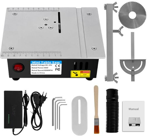 YUMILI Mini sierra circular de mesa con 4 cuchillas, multifuncional portátil de 96 W, ajustable, sierra de mesa de precisión para proyectos de carpintería
