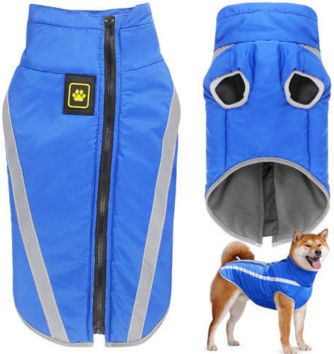 Dolahovy wasserdichte Hundemantel Winter Warme Jacke,Winddichte Haustier Kleidung Hunde Mantel Fleece Jacken Outfit für kleine mittlere große Hunde Weste mit Harness Loch XL-6XL (Blau, 5XL)