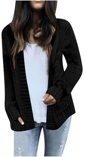 Damen-Strickjacke, langärmelig, vorne offen, langärmelig, Strickjacke, Strickjacke, Pullover, Winterpullover, weich, bequem, Herbst, Winter, Häkelpullover, elegante Oberteile, UK, Schwarz , 3XL