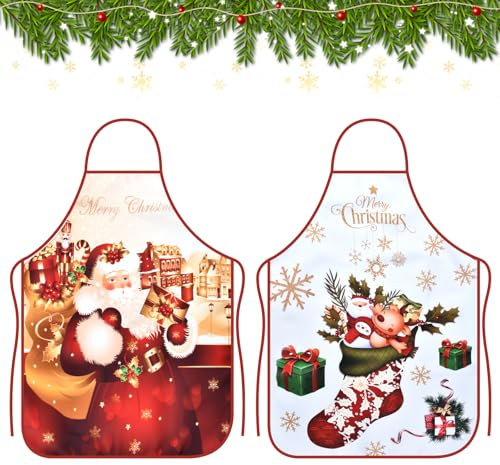LQTSLFM 2 Stück Cartoon Weihnachten Schürze,Weihnachtsschürzen,Weihnachtsschürze Erwachsene,Schürze für Männer Damen (Rot C)