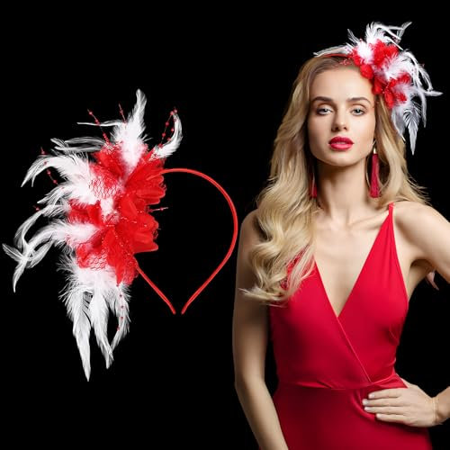 Bandeau Cheveux de Carnaval Serre-tête Fleur Rouge avec Plumes Blanc Chapeau Bibi Fleurs Headband Accessoires de Coiffure Déguisement Années 1920 pour Femmes Filles Fête Cosplay Carnaval