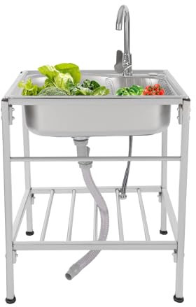 RjcdOPL Fregadero de cocina con patas independiente de acero inoxidable con grifo de agua caliente/fría para cocina, lavandería, restaurante (60 x 45 x 75 cm)