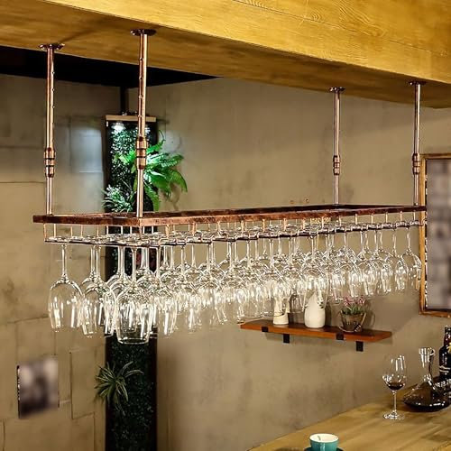 Dernoing Support pour Verre à Vin Hauteur RéGlable, Porte-Verres à Pied Suspendu en Métal, Montage au Plafond Range Verre Suspendu Bar pour Famille, Restaurant, Hôtel, Bar (bn, 90x35x(30-60) cm)