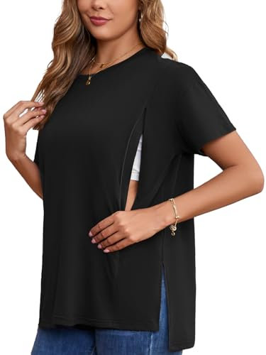 Ecavus Übergroße Still-Shirts für Damen, mit verstecktem Reißverschluss, Kurze Ärmel, Seitenschlitze, Umstands-Tops, Schwarz, Groß