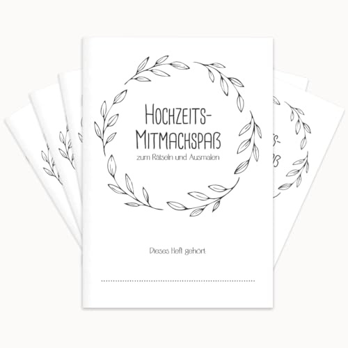 PuK Hochzeits-Mitmachspaß | Kinder-Beschäftigung Hochzeit Set | Malbuch & Rätselbuch für kleine Gäste | 6 oder 12 Hefte | Optional mit Buntstiften | Gastgeschenk Hochzeit Kinder (6, ohne Buntstifte)