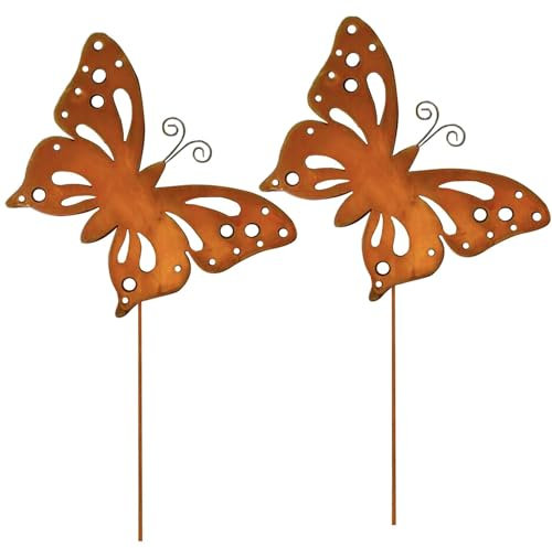 Joyes 2er Rost Schmetterling Gartenstecker, Metall Rostiger Schmetterling gartendeko rost für draußen, rostdeko gartendeko Deko für Garten Terrasse Balkon