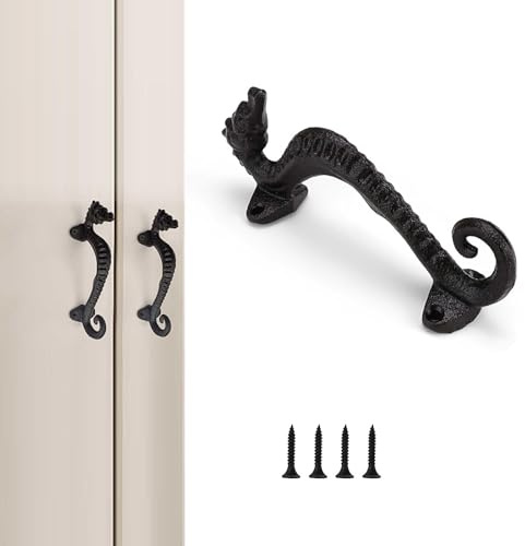 HASLED Tirador de Puerta Negro Hierro Fundido - 17 cm - Diseño Caballito de Mar - con 4 Tornillos para Muebles, Armarios, Puertas de Jardín y Ventanas