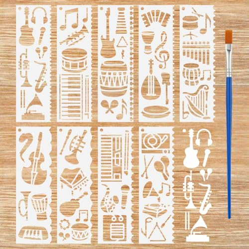 FINGERINSPIRE 9 Stück Schablonen Für Musikinstrumente 18x5.5cm Unregelmäßiger Rand Rechteckig Musikthema Schablone Mit Musiknoten Vorlage Zum Bemalen von Wänden Holzmöbeln Heimwerkerdekoration