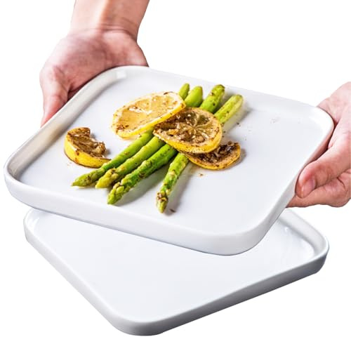 DSYZWEE 2er Set Speiseteller I weiße Porzellan-Essteller, 9.2Zoll/22,5 cm quadratisch Essteller, flache Keramikteller für Salat, Dessert und VorspeiseKratzfest und Bleifrei Weiß