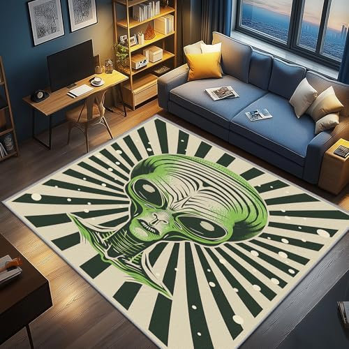 AevuCub Alien Deko, Trippy Grüner Alien Teppich 50x80 Kurzflor, Kleiner Teppich Wohnzimmer Abstrakt Geometrische, Weich rutschfest Waschbare Teppiche, Bettvorleger Schlafzimmer Kinderzimmer