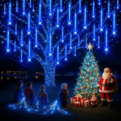 Harnyles Weihnachtsbeleuchtung Außen: 8 Röhren Meteorschauer Lichterkette - Wasserdichte Lichterkette für Weihnachten Halloween Baum Hof Deko, Weihnachtsdeko Aussen, Blau