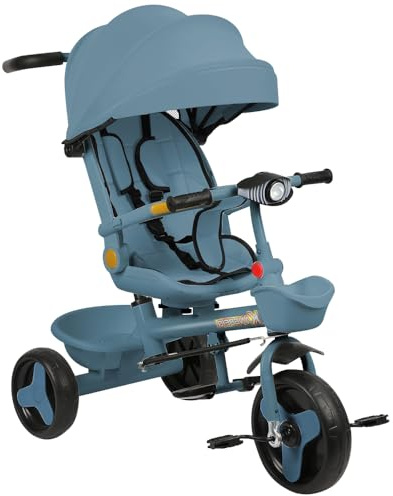 Supfine 5-in-1 Evolutiver Baby-Dreirad Kinderwagen mit drehbarem Sitz, 360°-Drehsitz, Schiebegriff, abnehmbarem Sonnendach, 3-Punkt-Sicherheitsgurt, Aufbewahrung, 1 bis 5 Jahre (Blau, 5-in-1)