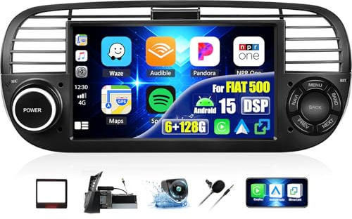 OiLiehu 6G+128G 8-Core Android 15 Car Stereo for FIAT 500 2007-2015 with Wireless CarPlay Android Auto, 7'' Touchscreen 2 Din Radio with WiFi GPS Mirror Link Bluetooth FM RDS DSP EQ SWC Backup Camera