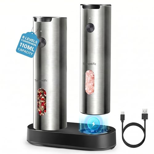 Ensemble de Moulins à Sel et Poivre Électriques Tomentific avec Socle de Rangement, Moulins en Acier Inoxydable avec Réservoir Lavable, Lumière LED Blanche, Réglage Externe de la Mouture