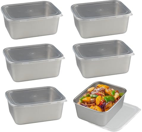 Doafoce 6 Stück Frischhaltedosen Mit Deckel 316 Edelstahl Meal Prep Boxen Lebensmittelaufbewahrung Gefrierdosen Frischhaltebox Dosen für Kühlschrank Ofen Gefrierschrank (600ml)
