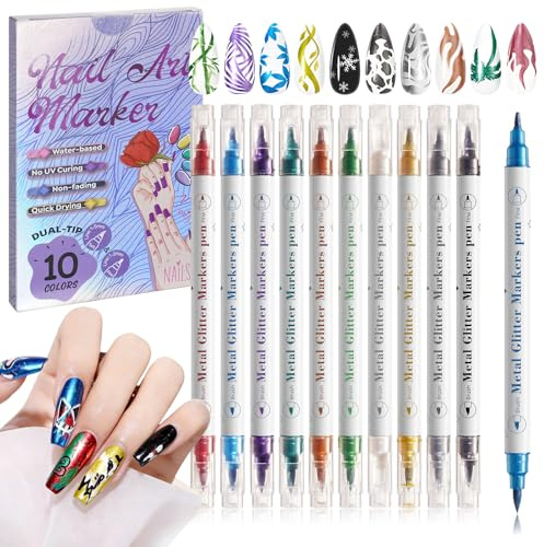 Nail Art Pens 10 Colors Double Tip Metallic 3D Nails Markers for Gel Nails