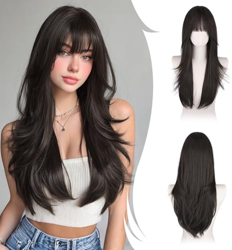 RUWISS Lange Gerade Perücken Dunkelbraun mit Pony, 65 cm Perücken Damen Geschichtete Synthetische Haar Perücken Frauen für Tägliche Party Cosplay